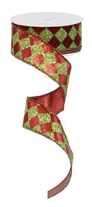 Glitter Diamond Check Christmas Wired Ribbon : Red, Lime Green - 1.5 Inches x 10 Yards (30 Feet)