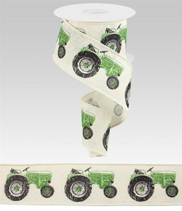 Tractor Farm Wired Ribbon : Cream, Emerald Green, Black - 2.5 Inches x 10 Yards (30 Feet)