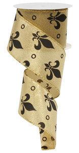 Mardi Gras Fleur de Lis Wired Ribbon: Gold, Black - 2.5 Inches x 10 Yards (30 Feet)