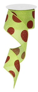 Giant Multi Dots Faux Burlap Wired Ribbon : Lime Green Red Christmas - 2.5 Inches x 10 Yards (30 Feet)