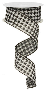 Houndstooth Canvas Wired Ribbon (1.5 Inches, Black White) - 10 Yards