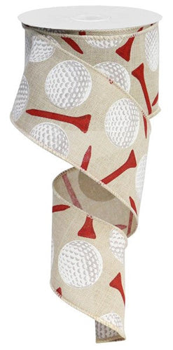 Golf Tees Burlap Wired Ribbon : Red White Natural Beige - 2.5 Inches x 10 Yards (30 Feet)