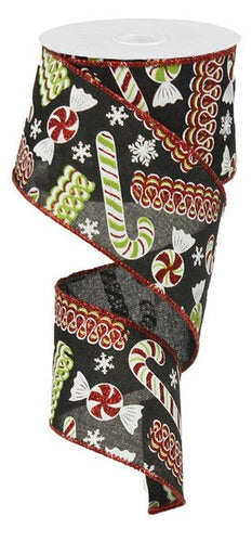 Ribbon Candy Christmas Wired Ribbon : Black Emerald Green Red - 2.5 Inches x 10 Yards (30 Feet)