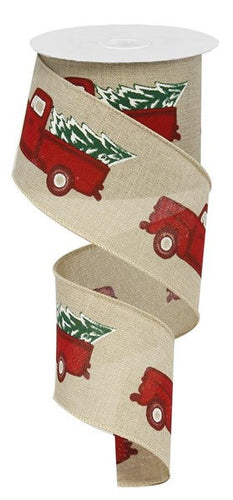 Vintage Truck Wired Ribbon : Light Natural Beige, Red - 2.5 Inches x 10y Yards (30 Feet)