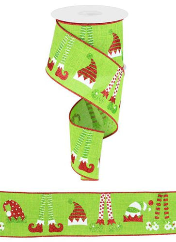 Christmas Elf Hats and Legs Wired Ribbon : Lime Green White Red - 2.5 Inches x 10 Yards (30 Feet)