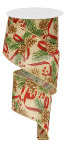 Pinecone with Berries Christmas Wired Ribbon : Light Beige Red Green - 2.5 Inches x 10 Yards (30 Feet)