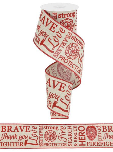 Firefighter Support Print Wired Ribbon Natural Beige, Red 2.5 Inches x 10 Yards (30 Feet)
