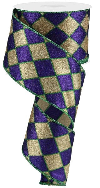 Glitter Harlequin Wired Ribbon, 10 Yards (Mardi Gras, 2.5 Inches)