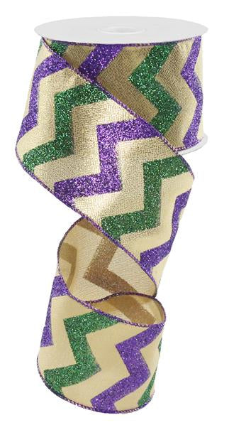 Mardi Gras Chevron Wired Ribbon 2.5 Inches x 10 Yards (30 Feet) Gold Purple Green