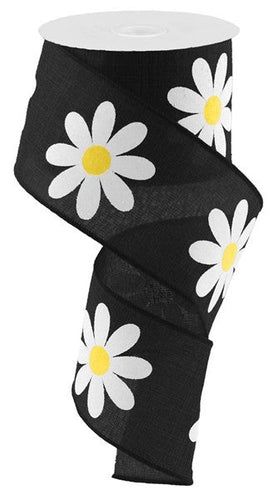 Black Yellow White Daisy bold print 2.5 Inches x 10 Yards (30 Feet) wired Ribbon