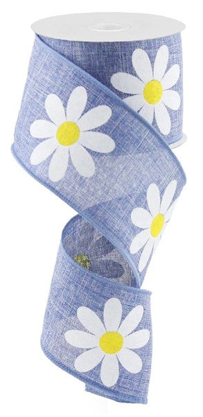 Daisy Flower Canvas Wired Ribbon : Blue Denim - 2.5 Inches x 10 Yards (30 Feet)