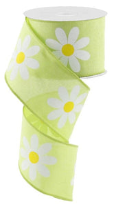 Daisy Flower Canvas Wired Ribbon : Bright Green - 2.5 Inches x 10 Yards (30 Feet)