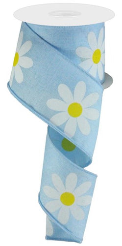 Daisy Flower Canvas Wired Ribbon : Pale Blue - 2.5 Inches x 10 Yards (30 Feet)