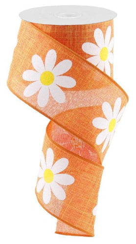 Daisy Flower Canvas Wired Ribbon : Orange - 2.5 Inches x 10 Yards (30 Feet)