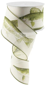 Freshwater Fish Wired Burlap Ribbon : Green Natural Beige, Ivory - 2.5 Inches x 10 Yards (30 Feet)