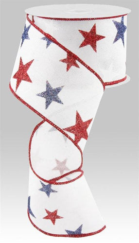 Dashed Glitter Stars Wired Ribbon : White - 2.5 Inches x 10 Yards (30 Feet)