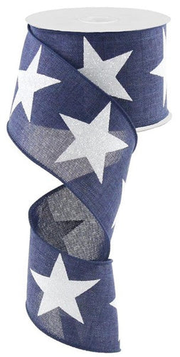 Bold Star on Metallic Wired Ribbon : Navy Blue White - 2.5 Inches x 10 Yards (30 Feet)