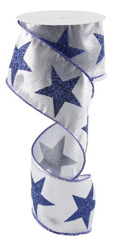 Bold Star on Metallic Wired Ribbon : Navy Blue Silver - 2.5 Inches x 10 Yards (30 Feet)