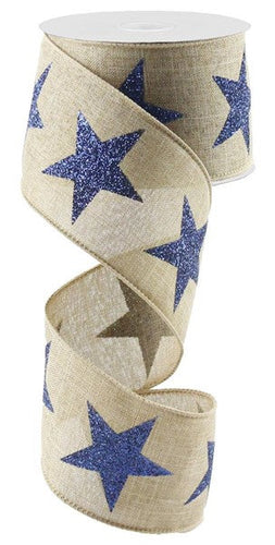 Bold Blue Glitter Star Burlap Wired Ribbon -  (2.5 x 10 Yards)