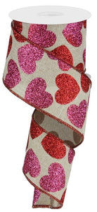 Glitter Hearts Wired Ribbon : Natural Beige Red Pink - 2.5 Inches x 10 Yards (30 Feet)