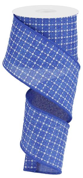 Raised Stitched Squares Wired Ribbon : Royal Blue White - 2.5 Inches x 10 Yards (30 Feet)