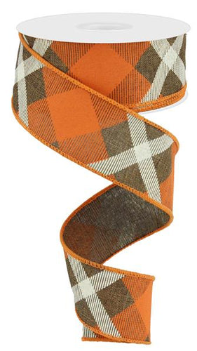 Plaid Canvas Wired Ribbon : Brown Orange Cream - 1.5 Inches x 10 Yards (30 Feet)