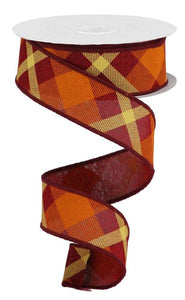 Plaid Canvas Wired Ribbon, 10 Yards (Burgundy Red, Orange, Mustard Yellow, 1.5")