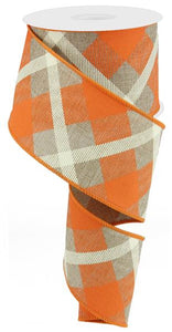 Plaid Canvas Wired Ribbon : Beige Orange Cream - 2.5 Inches x 10 Yards (30 Feet)