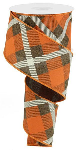 Plaid Canvas Wired Ribbon : Brown Orange Cream - 2.5 Inches x 10 Yards (30 Feet)