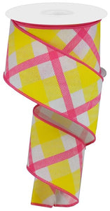 Spring Printed Plaid Royal Canvas Wired Ribbon : Pink, Yellow, White - 2.5 Inches 10 Yards (30 Feet)