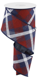 Plaid Canvas Wired Ribbon : Navy Blue, Red, White - 2.5 Inches x 10 Yards (30 Feet)