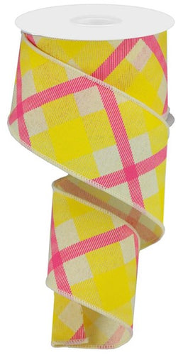 Spring Printed Plaid Royal Canvas Wired Ribbon - 10 Yards (Pink, Cream, Yellow, 2.5 Inches)