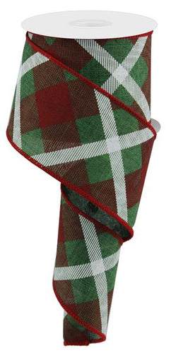 Plaid Canvas Wired Ribbon : Emerald Green Red White - 2.5 Inches x 10 Yards (30 Feet)