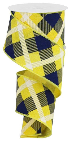 Glitter Plaid Wired Ribbon : Navy Blue, White, Yellow - 2.5 Inches x 10 Yards (30 Feet)