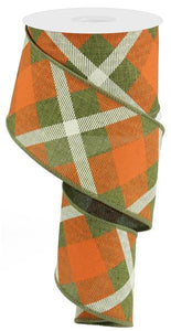 Plaid Canvas Wired Ribbon : Fern Orange Cream - 2.5 Inches x 10 Yards (30 Feet)