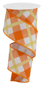 Plaid Canvas Wired Ribbon, White, Orange, Mustard Yellow,- 2.5 Inches x 10 Yards (30 Feet)