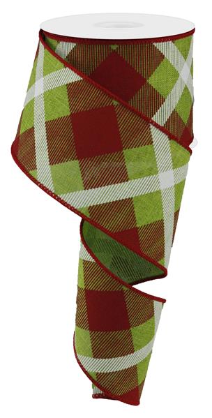 Plaid Canvas Wired Ribbon : Fresh Green Red White - 2.5 Inches x 10 Yards (30 Feet)