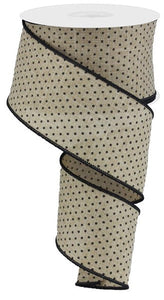 Raised Swiss Dot Wired Ribbon : Light Beige, Black - 2.5 Inches x 10 Yards (30 Feet)