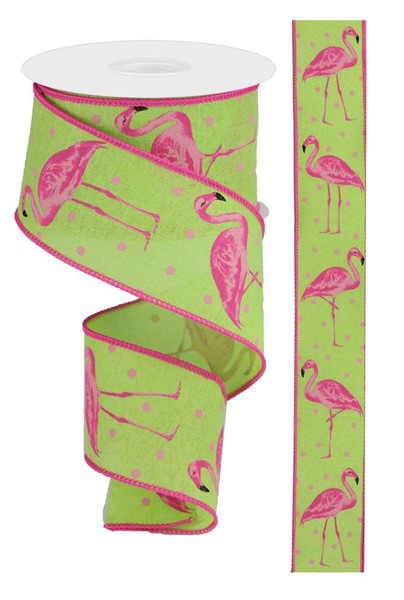 Flamingo Canvas Wired Ribbon : Pink Green White - 2.5 Inches x 10 Yards (30 Feet)