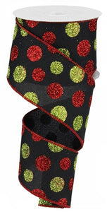 Multi Size Glitter Dots Wired Ribbon : Black Red Lime Green - 2.5 Inches x 10 Yards (30 Feet)