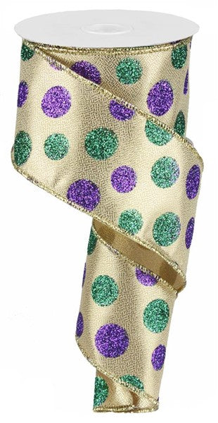 Mardi Gras Glitter Dots Wired Ribbon : Purple Gold Green - 2.5 Inches x 10 Yards (30 Feet)