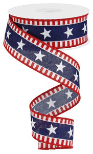 Stars & Stripes Canvas Wired Ribbon : Red, White, Navy Blue - 1.5 Inches x 10 Yards (30 Feet)