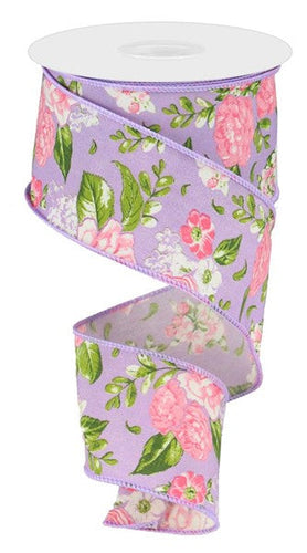 Rose Flower Wired Ribbon : Lavender Purple, Green - 2.5 Inches x 10 Yards (30 Feet)