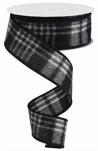 Buffalo Check Fuzzy Flannel Wired Ribbon : White Black - 1.5 Inches Wide x 10 Yards (30 Feet)