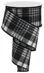 Buffalo Check Fuzzy Flannel Wired Ribbon : White Black - 2.5 Inches Wide x 10 Yards (30 Feet)