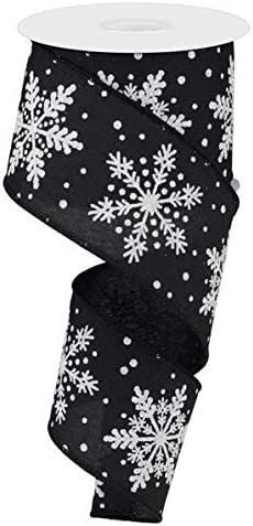 Glittered Snowflake Wired Edge Ribbon - 10 Yards (Black, White, 2.5 Inches)