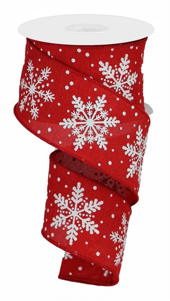 Glittered Snowflake Wired Ribbon : Red White - 2.5 Inches x 10 Yards (30 Feet)