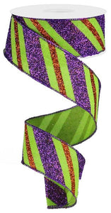 Diagonal Glitter Stripe Wired Ribbon : Lime Purple Orange 1.5 inches x 10 yards (30 feet)