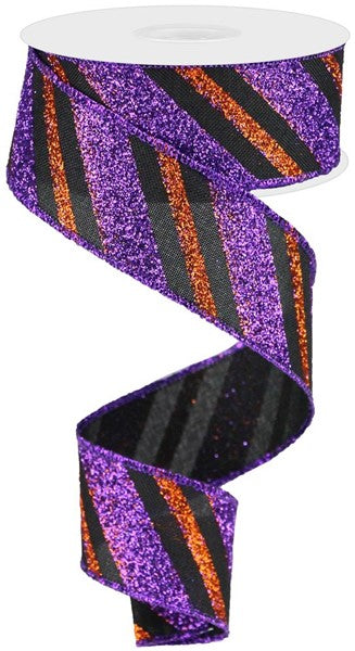 Halloween Glitter Stripe Wired Ribbon Black Purple Orange) - 1.5 Inches x 10 Yards (30 Feet)