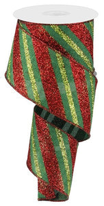 Diagonal Glitter Stripe Wired Ribbon : Emerald Green Red Lime - 2.5 Inches x 10 Yards (30 Feet)